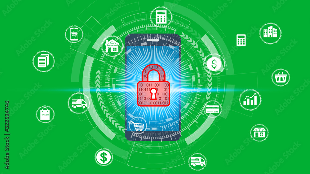 Fototapeta premium Smartphone with padlock icon technology, Cyber Security Data Protection Business Technology Privacy concept, Internet Concept of global business.