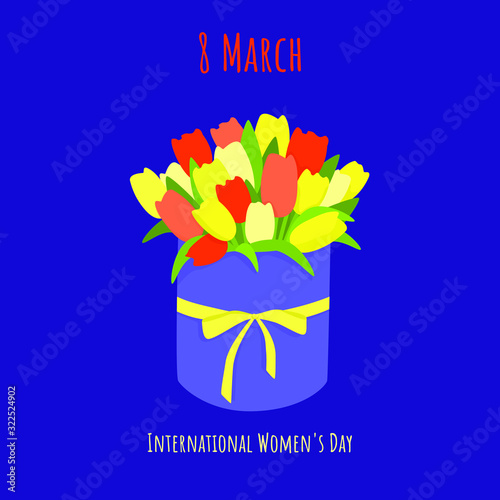 Vector template for a postcard, poster or banner for the March 8 holiday. Bright bouquet of tulips in a hatbox. Perfect for greeting on international women's day.