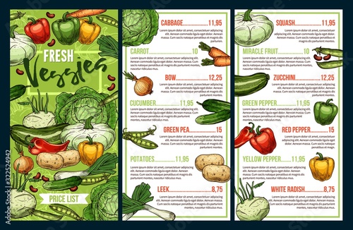 Vegetables price list vector template of farm food sketches. Bell pepper, carrot and cabbage, zucchini, onion and beans, cucumber, kohlrabi and potato, green pea, leek and squash, farmer market design