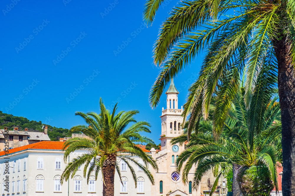 Croatia, beautiful city of Split, palms on Riva promenade and tower bell of st Francis church