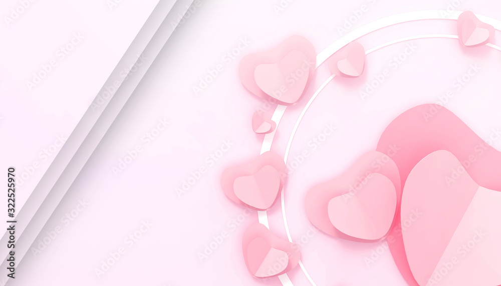 Valentine's Day flat lay Love background Concept  with pink hearts gift box postcard greeting card on Pink  Background - 3d rendering