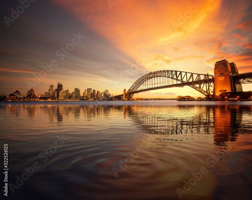 View point of Sydney harbour with city and bridge in sunset time