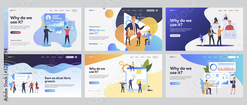 Team working together set. Managers analyzing charts, consulting expert online, planning tasks. Flat vector illustrations. Business, teamwork concept for banner, website design or landing web page photo