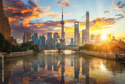 Photography morning time in shanghai city with bridge and building background