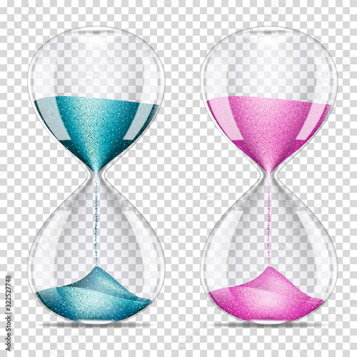 Realistic transparent hourglasses with blue and pink sand, isolated.