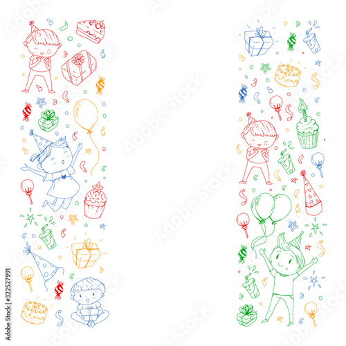 Happy boys and girls. Little kindergarten preschool children. Birthday party celebration. Icons for banners, posters, invitation.