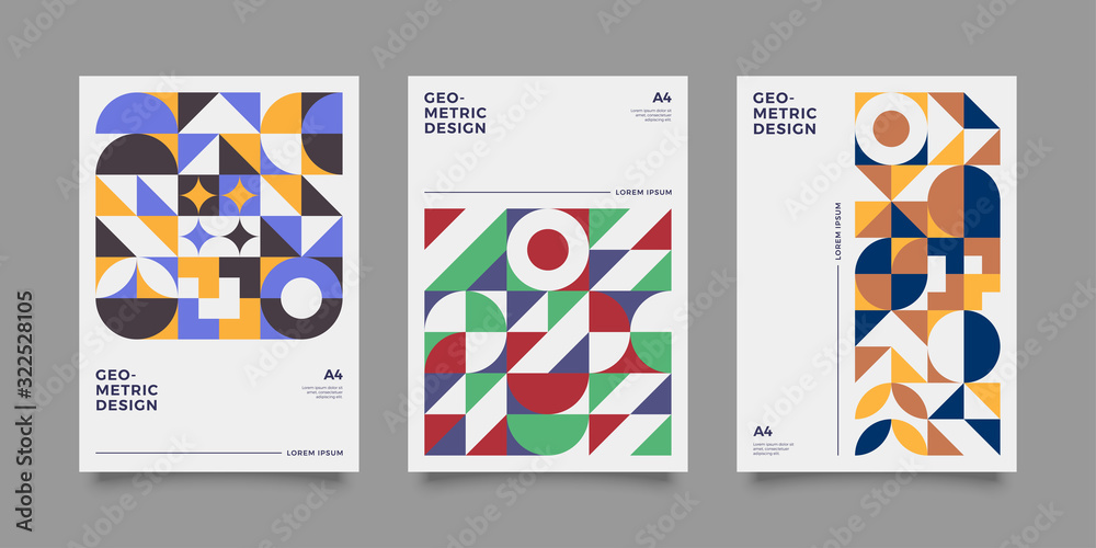 Poster templates set with Geometric shapes, Retro, bauhaus, swiss geometric style design elements. Retro, bauhaus art for covers, banners, flyers and posters. Eps 10 vector illustrations
