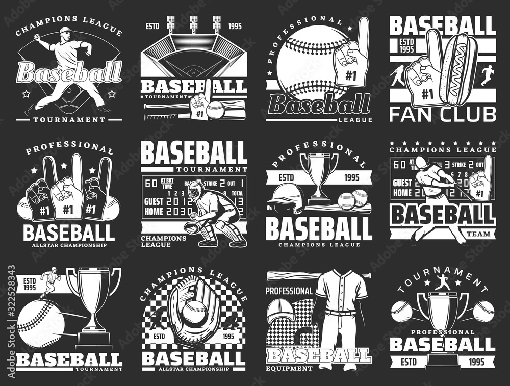 Baseball sport game championship vector icons with balls, bats and winner trophy cup, players, stadium play field, catcher gloves and helmets, scoreboard and foam finger. Sporting competition emblems Baseball sport game championship vector icons with balls, bats and winner trophy cup, players, stadium play field, catcher gloves and helmets, scoreboard and foam finger. Sporting competition emblems