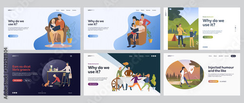 Family leisure time set. Parents, children reading book at home, cooking dinner, hiking. Flat vector illustrations. Outdoor activities, childhood concept for banner, website design or landing web page
