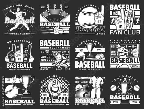 Baseball sport game championship vector icons with balls, bats and winner trophy cup, players, stadium play field, catcher gloves and helmets, scoreboard and foam finger. Sporting competition emblems