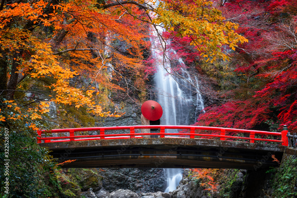 Naklejka premium czerwony most w wodospadzie Minoh