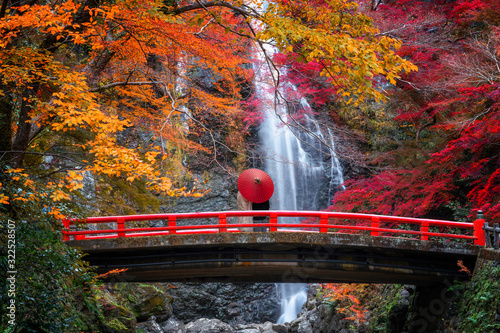 the red bridge in minoh waterfall photo