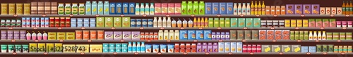 Supermarket, shelves with products and drinks. Vector flat illustration