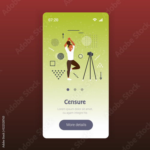 woman blogger doing yoga exercises recording online video with camera on tripod healthy lifestyle live streaming blogging concept smartphone screen mobile app copy space full length vector
