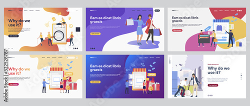 Customers shopping in stores set. Manager analyzing shoppers survey, women with bags. Flat vector illustrations. Business, commerce concept for banner, website design or landing web page