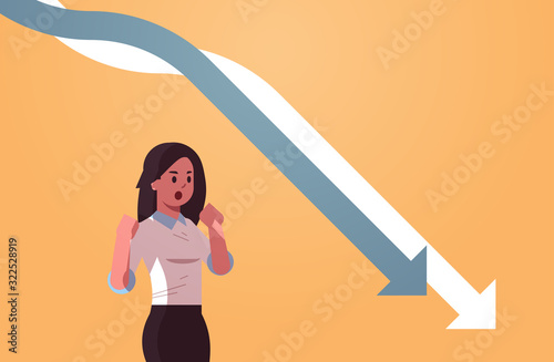stressful businesswpman looking at falling down economic arrows chart graph financial crisis bankrupt investment failure risk concept portrait horizontal vector illustration