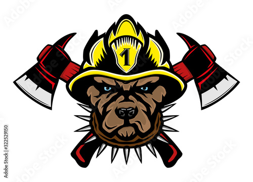 Dog firefighter breed pit bull terrier in a helmet and fire axes on a white background.
