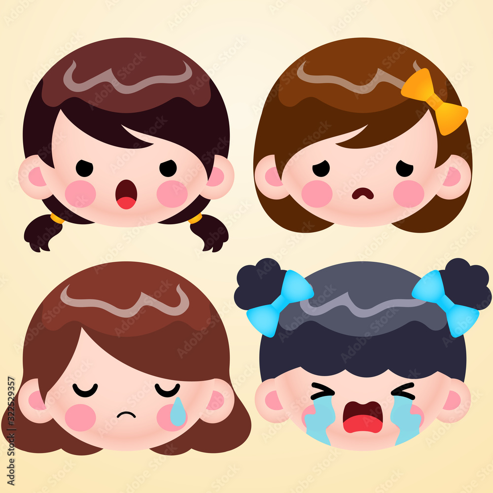 Cartoon Cute Little Girl Head Avatar Face Negative Emotions Set Stock Vector Cartoon Cute Little Girl Head Avatar Face Negative Emotions Set Stock Vector