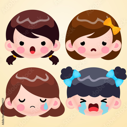 Cartoon Cute Little Girl Head Avatar Face Negative Emotions Set Stock Vector