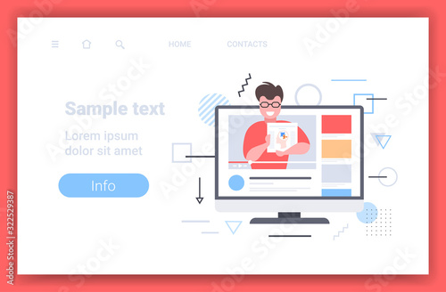 psychologist doctor blogger explaining human brain recording video medicine psychology blogging concept computer monitor online player portrait horizontal copy space vector illustration