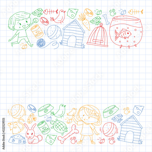 Pet shop. Vector illustration with animals, dog, cat, fish, Colorful background with kitten, bird, puppy. Veterinarian clinic.
