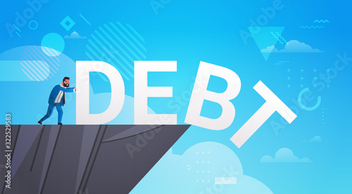 businessman pushing debt in abyss freedom finance crisis concept horizontal full length vector illustration