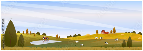 Panorama Vector illustration of Countryside landscape in autumn, banner of farm house or countryside.The yellow foliage mountains or hill with falling leaves.The scene of barn,cattle,pond and tractor 