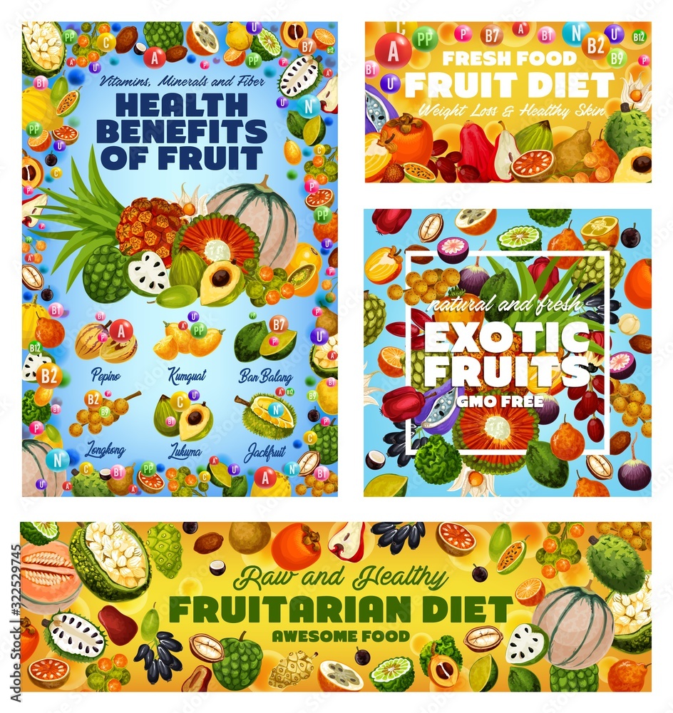 Naklejka premium Exotic fruit vitamins, health benefits of fruitarian diet and GMO free tropical berries vector design. Tangerine, cherimoya and persimmon, apple cashew, jackfruit and soursop, cantaloupe and kumquat
