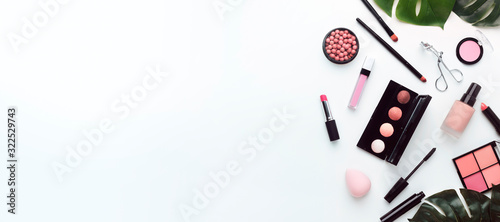 Makeup Cosmetics Products And Tools Flat Lay Composition, White Background