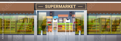 modern supermarket retail store with assortment of groceries grocery shop exterior horizontal vector illustration