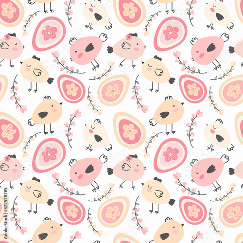 Seamless pattern of cute cartoon chickens in various poses and Easter eggs. Easter spring background. Funny birds for children's decoration. Design of textiles, fabrics, and packaging. Hand drawn.