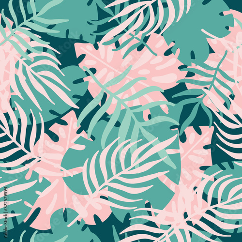 Abstract seamless pattern with tropical green and pink leaves. Tropical palm leaves, jungle leaf. Scandinavian style backdrop. Hand draw background of exotic plants. Botanical wrapping paper, textile.