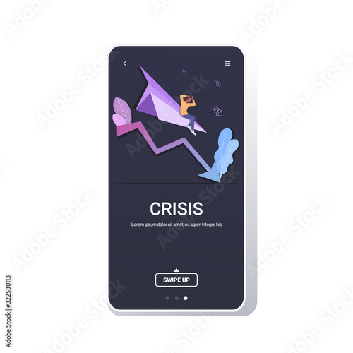 businesswoman flying down on paper airplane startup failure crash project financial crisis bankruptcy business falling concept downward chart graph smartphone screen mobile app copy space vector