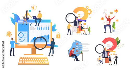 Consulting and support set. Consultant answer questions, managers making mistakes. Flat vector illustrations. Business, help, advice concept for banner, website design or landing web page
