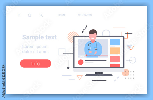 doctor blogger giving information about medicine online medical consultation assistance by internet healthcare concept monitor screen video player horizontal copy space vector illustration