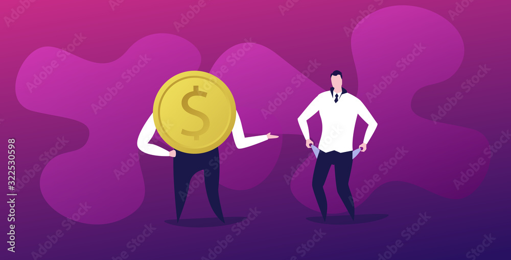 rich businessman with dollar coin and poor business man bankrupt with empty pockets has no money financial crisis bankruptcy investment risk concept full length horizontal vector illustration rich businessman with dollar coin and poor business man bankrupt with empty pockets has no money financial crisis bankruptcy investment risk concept full length horizontal vector illustration