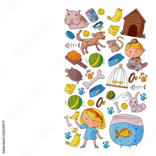 Pet shop. Vector illustration with animals, dog, cat, fish, Colorful background with kitten, bird, puppy. Veterinarian clinic.