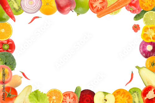 Frame of fresh wholesome vegetables and fruits isolated on white background.