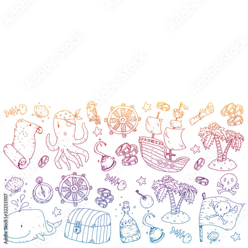 Pirate party. Illustrations for little children. Kids birthday celebration with treasure island, octopus, pirates