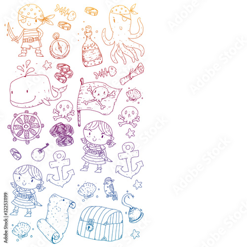 Pirate party. Illustrations for little children. Kids birthday celebration with treasure island, octopus, pirates