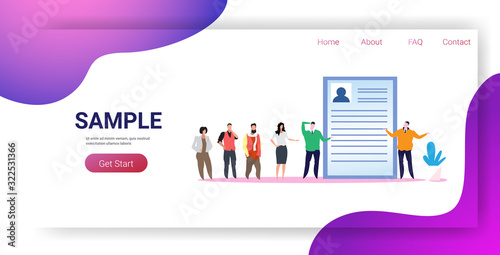 businesspeople candidates standing in line queue to prospective employer business people waiting for interview job employment concept full length horizontal copy space vector illustration