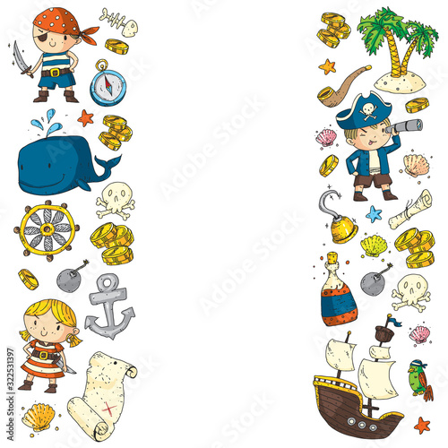 Pirate party. Illustrations for little children. Kids birthday celebration with treasure island, octopus, pirates