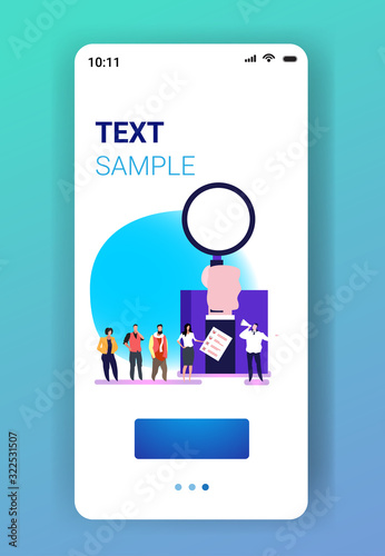 businesspeople standing in line queue to prospective employer with megaphone business people waiting for interview job employment concept full length smartphone screen mobile app vertical vector