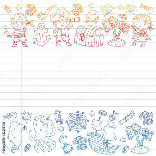 Pirate party. Illustrations for little children. Kids birthday celebration with treasure island, octopus, pirates