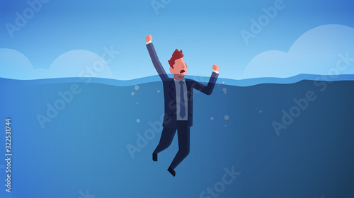 drowning businessman raising his hands out of water insolvency failure crisis bankruptcy concept sinking business man in sea needs urgent help horizontal full length vector illustration