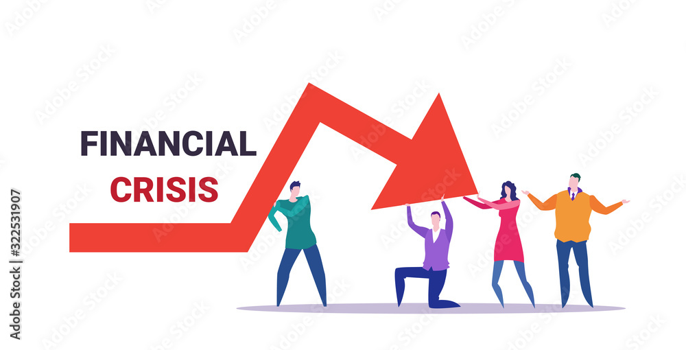 businesspeople team frustrated about economic arrow falling down financial crisis bankrupt investment risk concept business people holding red chart moving downward full length horizontal vector