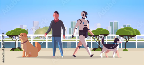 robotic character and man walking with dogs robot vs human standing together with pets public park artificial intelligence technology concept cityscape background full length horizontal vector
