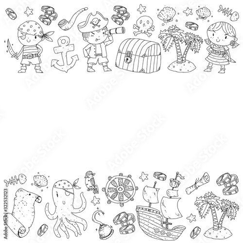 Pirate party. Illustrations for little children. Kids birthday celebration with treasure island, octopus, pirates