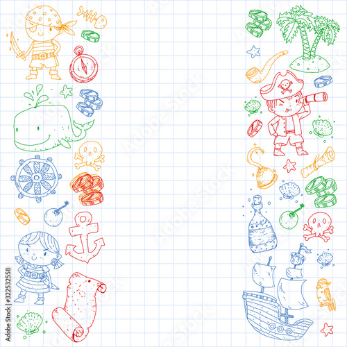 Pirate party. Illustrations for little children. Kids birthday celebration with treasure island, octopus, pirates