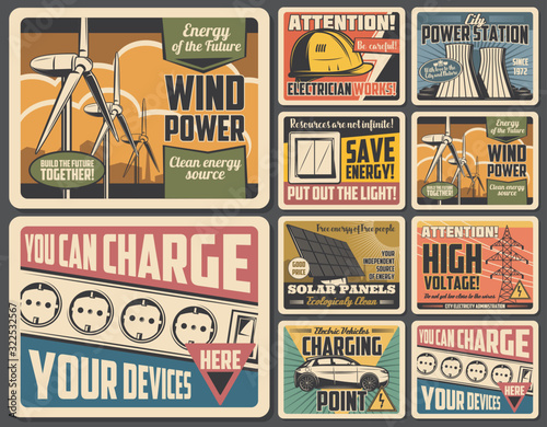 Electrician works, eco energy, power plant and electricity supply vector posters. Solar panel, wind turbine and power station, electric car charging point, socket, high voltage tower and switch